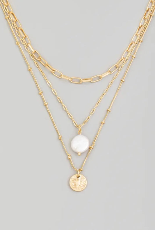 Luisa Layered Pearl and Metallic Disc Necklace