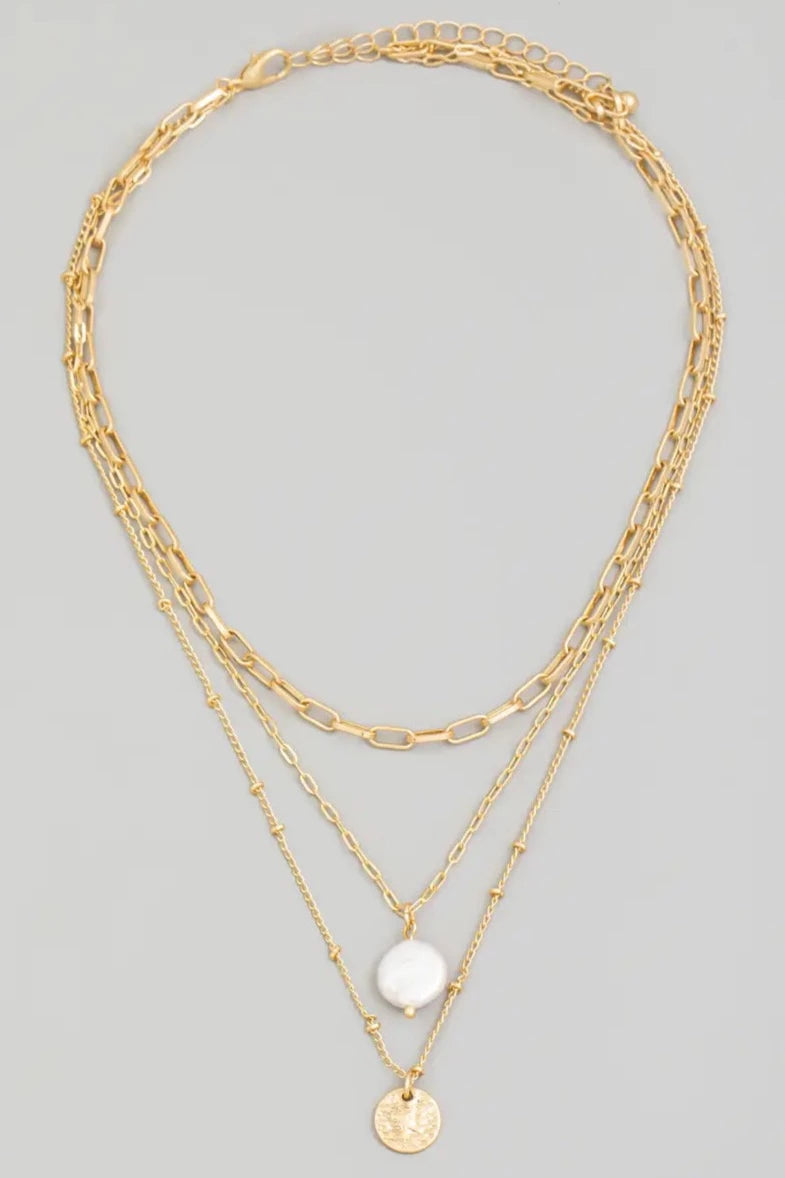 Luisa Layered Pearl and Metallic Disc Necklace